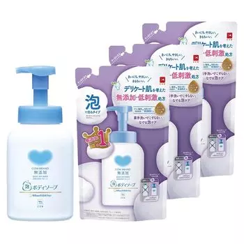 Пенное мыло для тела марки Cow, флакон 500 мл с дозатором, сменный блок 450 мл, набор из 3 упаковок [Оптовая закупка] без добавок +