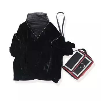 Penny-Grade Clothing ~ Ji Zhi Black Real Velvet Raglan Sleeve Loose Lolita Tulle Collar Diamond-Embedded T-shirt/Bottoming Shirt for Women Black 4XL
