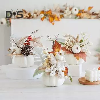 Пенопластовые тыквенные осенние украшения из тыквы с реалистичными кленовыми листьями и ягодами, центральные элементы стола, декор для Дня благодарения, столовая, кухня A