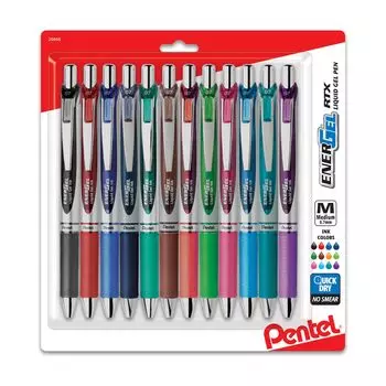 Pentel EnerGel RTX Retractable Liquid Gel Medium Assorted Ink Silver Pen, (0.7mm) Line, (BL77BP12M)