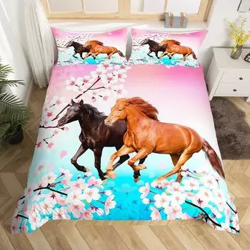 Pentium Horse Duvet Cover Pink Cherry Blossom Wildlife Bedding Series Three-Piece Set EU single 135*200