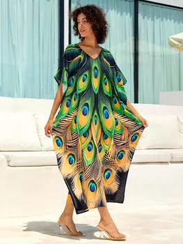 Пляжные кафтаны с принтом попугая павлина для женщин, летние платья больших размеров, накидки для купальников, распродажа праздничных купальных костюмов One Size белый