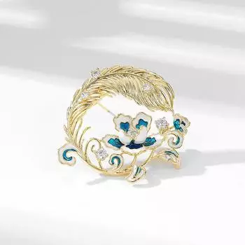 Peony Flower Feather Brooch High-End Women S Retro Enamel Brooch Temperament Pin Coat Suit Accessories