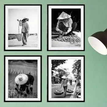Люди Вьетнама Черно-белая фотография Настенный художественный постер Современное искусство Галерея Декор Холст Картины 21x30cm No Framed