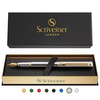 Перьевая ручка Scriveiner Finest Premium (Серебряный) Привлекательная красота 24-каратного золотого покрытия Schmidt 18-каратного золота перо (хорошо) Подходит для мужчин и женщин-профессионалов