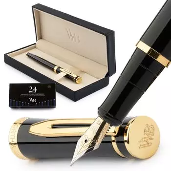 Перьевая ручка Wordsworth Black 18K Extra Fine, 24 шт. в упаковке, подарочный конвертер для заправки чернил, золото и набор, перо, картриджи и коробка, отделка, каллиграфия, [черный