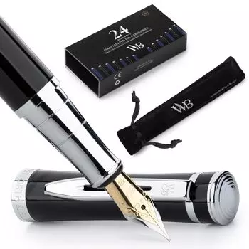 Перьевая ручка Wordsworth Black Extra Fine, 24 шт. в упаковке, подарочный стержень, хром, идеально подходит для мужчин и женщин, набор, перо, картриджи и чехол,