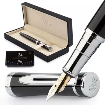 Перьевая ручка Wordsworth Black, широкая, 24 шт. в упаковке, подарочный стержень, хром, идеально подходит для мужчин и женщин, набор, перо, картриджи, коробка, отделка,