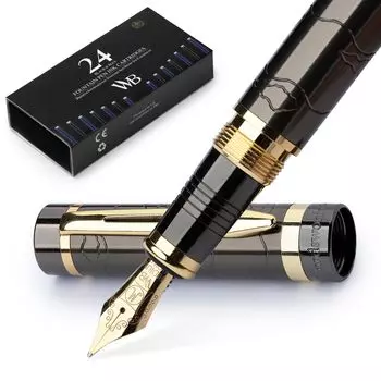 Перьевая ручка Wordsworth Finest Premium Metal, картриджи Primory 24, отделка 24 карат золотом, перо среднего размера с покрытием 18 карат золотом, подходит как для мужчин, так и для женщин.