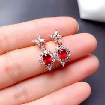 Perak Murni 925 Anting Mode untuk Wanita Pernyataan Transparan Merah Delima Mawar Emas Korea Anting Menjuntai Perhiasan Panas Merah