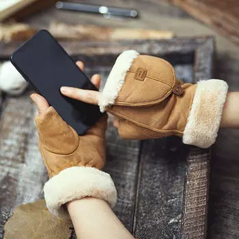Перчатки без пальцев для зимы, утепленные варежки с откидным верхом хаки