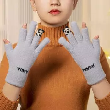 Перчатки для девочек с буквами для велоспорта и вождения, пятью пальцами, женские зимние перчатки, корейские варежки, перчатки для активного отдыха, панда серый