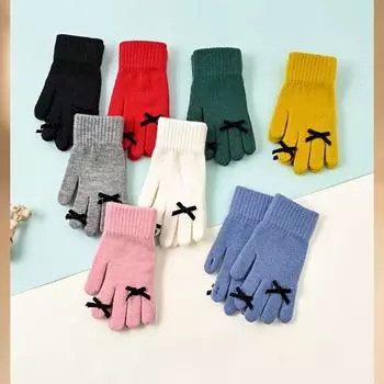 Перчатки для девочек-студенток из шерсти, теплые, корейские, с бантом, однотонные, детские, осенне-зимние, теплые, кашемировые, вязаные, для улицы чёрный