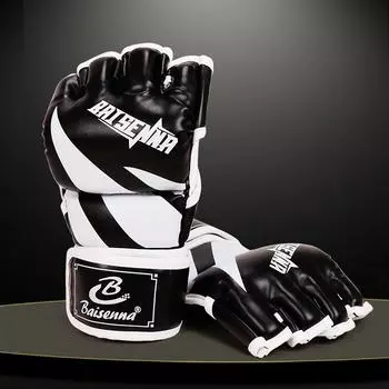Перчатки для фитнеса, бокса, полупальцевые перчатки, перчатки для ММА, перчатки для тайского бокса, тренировочные перчатки из искусственной кожи черный белый