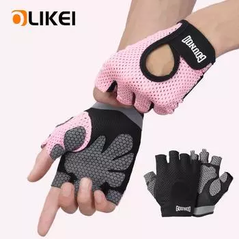 Перчатки для фитнеса OLIKEI Half-finger для мужчин и женщин, амортизирующие, нескользящие, перчатки для тяжелой атлетики, перчатки для тренировок в спортзале, перчатки для занятий велоспортом на открытом воздухе S чёрный