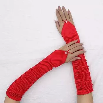 Перчатки для невесты с полупальцами, атласные перчатки в складку, модные свадебные перчатки для женщин красный