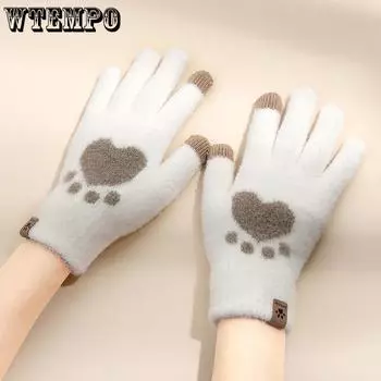 Перчатки для сенсорных экранов Cat Claws Холодостойкие и теплые перчатки Женские осенние и зимние толстые шерстяные вязаные перчатки 12x21.5cm бежевый