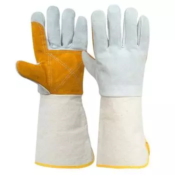 Перчатки для сварки Индивидуальные брезентовые манжеты Перчатки с полной ладонью Износостойкие перчатки для защиты труда сварщиков Перчатки сварщика из коровьей кожи Yellow and white * average size * customized