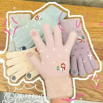 Перчатки для женщин зимние теплые вязаные милые корейские перчатки для студентов-снеговиков с утолщенным бархатом для сенсорного экрана One Size