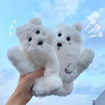 Перчатки для женщин зимой корейская версия милый плюшевый бархатный медведь плюс бархат утолщенный теплый зимний студенческий велоспорт ветрозащитный Average Size