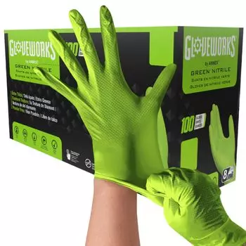 Перчатки Gloveworks HD Nitrile Diamond Texture 100 штук в коробке или ящике суперпрочных толстых одноразовых перчаток для промышленных зеленых перчаток [Ammex], захват, зелёный