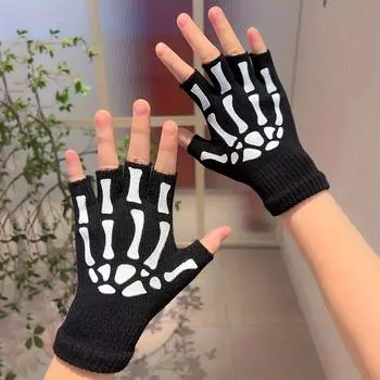Перчатки Hand Bone Skeleton Gloves - полупальцевые, безпальцевые вязаные зимние перчатки для разогрева и тренировок для любителей музыкальных фестивалей чёрный