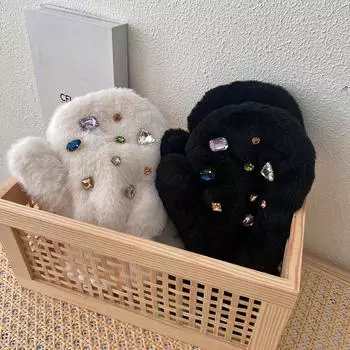 Перчатки Ins зимние женские бархатные утолщенные теплые ветрозащитные и морозостойкие Flash Diamond Student Outdoor Halter Five-fail Trend one size fits all