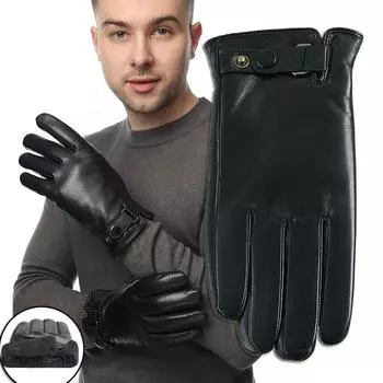 Перчатки из натуральной кожи для мужчин, сенсорный экран, зимние теплые варежки из натуральной овчины, ветрозащитные, водонепроницаемые, для вождения, езды на мотоцикле S чёрный