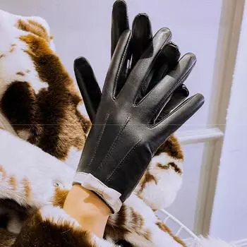 Перчатки из натуральной кожи женские теплые для вождения велосипеда овчина сенсорный экран ветрозащитные превосходного качества варежки с защитой от ветра S чёрный