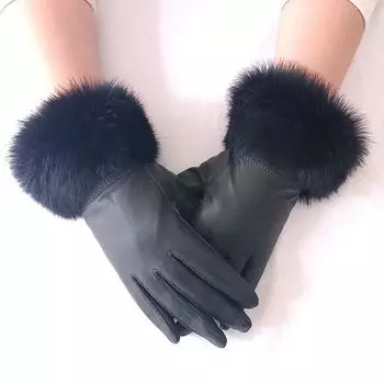 Перчатки из натуральной кожи женские утолщенные кожаные перчатки женские термоперчатки из кроличьего меха овчины One Size
