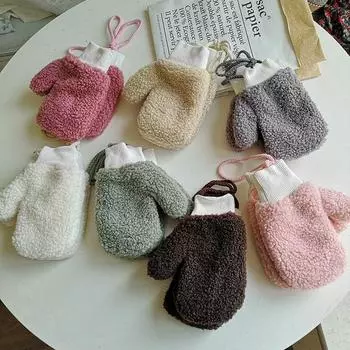 Перчатки из овечьей шерсти для родителей и детей, граффити, женские, мягкие, симпатичные, однотонные, из овечьей шерсти с шейным креплением для пальцев и бархатом для сохранения тепла S children (recommended for 3-8 years old) серый