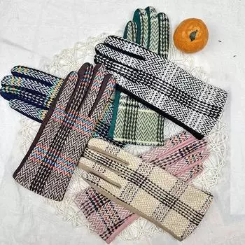 Перчатки из замши для японских девушек, клетчатые, флисовые, утолщенные, термоперчатки для студенток с разделением пальцев хаки