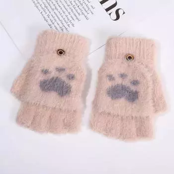 Перчатки «кошачий коготь» женские зимние теплые и бархатные утолщенные студенческие модные перчатки для письма и езды на велосипеде милые вязаные перчатки с откидной крышкой на половину пальца average size