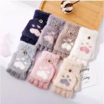 Перчатки «кошачий коготь» зимние теплые плюшевые утолщенные студенческие перчатки с полупальцами теплые плюшевые перчатки без пальцев женские милые перчатки one size