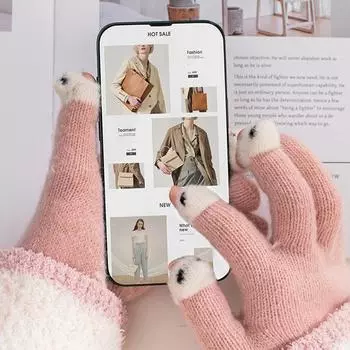 Перчатки Милые шерстяные вязаные перчатки Зимние утолщенные теплые перчатки Уличные перчатки с защитой от холода для сенсорных экранов с дырками на пальцах Теплые перчатки чёрный