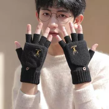 Перчатки мужские теплые зимние пальцы пара студент письмо роса пальцы осень вязание шерсть флип One size темно-синий
