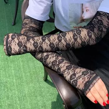 Перчатки с кружевом на половину пальца, женские летние солнцезащитные манжеты, для вождения, верховой езды, с защитой от ультрафиолетового излучения, с защитой от проникновения солнечных лучей One size чёрный