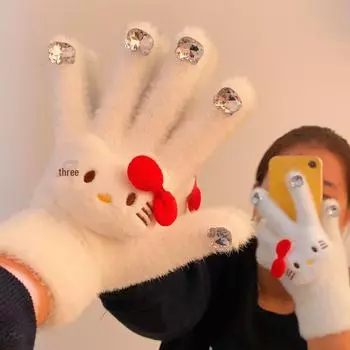 Перчатки с плюшевыми бриллиантами для кошек: Теплые перчатки с раздельными пальцами на осень/зиму для студентов и любителей верховой езды. Christmas Snowman