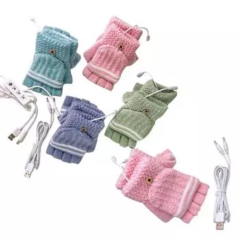 Перчатки с подогревом через USB, откидывающиеся на половину пальца, защита от холода и тепло во время езды и вождения, вязаные шерстяные, милые, для учеников средней школы average size