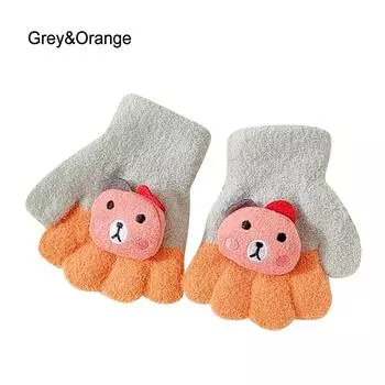 Перчатки с полными пальцами 0-3 года, утолщенные варежки с рисунком медведя для мальчиков и девочек, перчатки с пятью пальцами оранжевый/серый