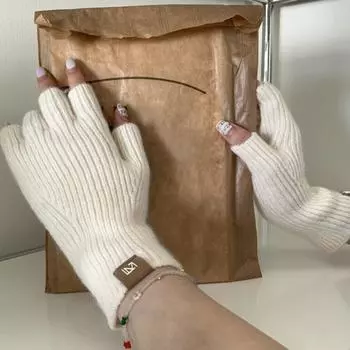 Перчатки с полупальцами для женщин и мужчин, вязаные перчатки на запястье, зимние теплые утолщенные варежки без пальцев для вождения One Size белый