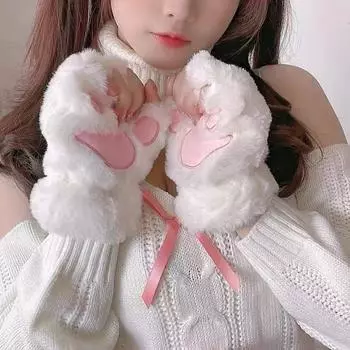 Перчатки с полупальцами и кошачьими когтями для девочек, зимние милые теплые перчатки, зимние плюшевые утолщенные перчатки с пятью пальцами