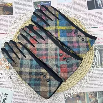 Перчатки с пятью пальцами для сенсорного экрана, шерстяные клетчатые утолщенные термоперчатки Temperament элегантные бархатные перчатки average size