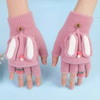 Перчатки с пятью пальцами, милые вязаные перчатки с мультяшным кроликом, студенческие перчатки-флип, утепленные и подбитые, теплые зимние перчатки, женские перчатки зелёный
