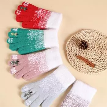 Перчатки с принтом снежинок, вязаные перчатки для сенсорного экрана телефона, зимние толстые теплые перчатки, рождественские варежки с изображением лосей, перчатки с закрытыми пальцами красный