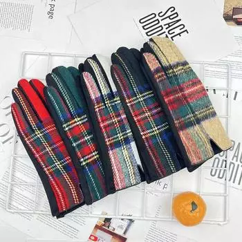 Перчатки шерстяные клетчатые с пятью пальцами для сенсорного экрана, утолщенные перчатки, теплые перчатки для езды на велосипеде Celebrity Temperament average size