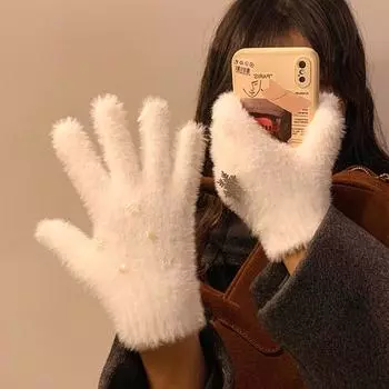 Перчатки шерстяные вязаные белые со снежинками для женщин зимой, теплые и утолщенные, пушистые, для велоспорта, для студентов, для защиты от холода и ветра, с раздвоенными пальцами one size fits all