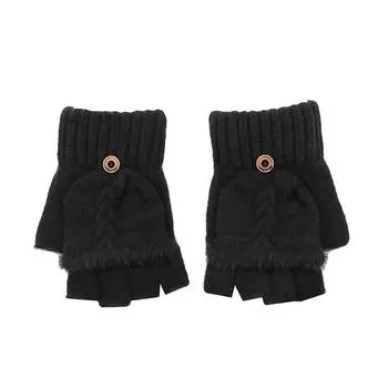 Перчатки шерстяные женские вязаные без пальцев, перчатки с открытыми пальцами, варежки, зимние теплые утолщенные женские варежки чёрный