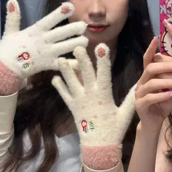 Перчатки Снеговик Милые Теплые Модные Перчатки с Пятью Пальцами Сенсорный Экран Сложенные Утолщенные Трикотажные Перчатки Холодостойкие серый