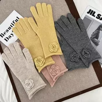 Перчатки Теплые трехмерные цветочные загнутые края Камелия для верховой езды, утепленные пятипалые шерстяные перчатки, партия